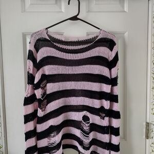 Striped Black and Pink Distressed Sweater